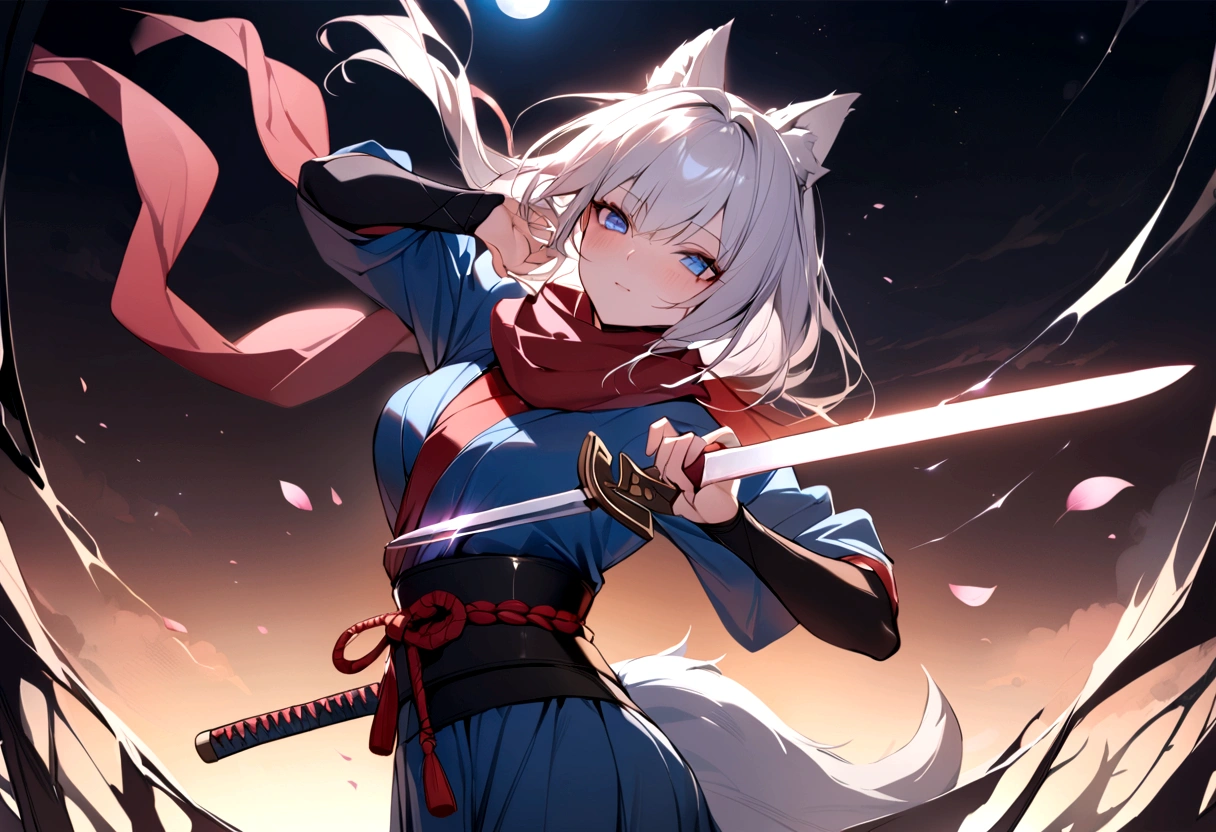 (masterpiece, best quality:1.2), 1girl, 独奏,Wolf girl, fox mask, ninja, girl, long white hair, odd eyes, blue kimono, ninja girl, red and blue scarf,Dancing Cherry Blossoms,Full moon backlighting, light coming in, fantastic atmosphere. Holding a small sword、Cutting action、Shining starry sky、Light shining into pitch black darkness、Shining Sword