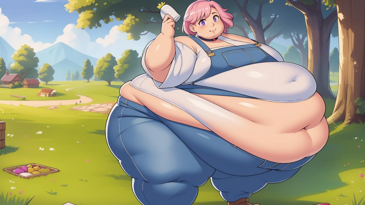 (Looking at viewer:1.2), (black pupils)Mouth open, parted lip s, mouth wide open, sticking out tongue, exposed belly, slutt (Pale skin:1.0)Up close, Holding belly, hands on belly, outgro wn clothes,Pale skin,fat, farm backround, upper body, lookin g at viewer, 1girl, solo, short pink hair, (dark blue choker), (d ark blue denim overalls), (purple eyes), (pink boots), (white s houlder lantern sleeve blouse, tucked in pants, Round face, d ouble chin, fat chin, fat cheeks, fat neck, round face, SSBB W, flabby arms, round face, double chin, fat double chin, big double chin, fat neck, chubby cheeks, fat thighs, fat calves, morbidly obese, flabby, giant, large belly, obese, fat face, b elly, double chin, obesity, flabby , fat arms and legs, f at everything,