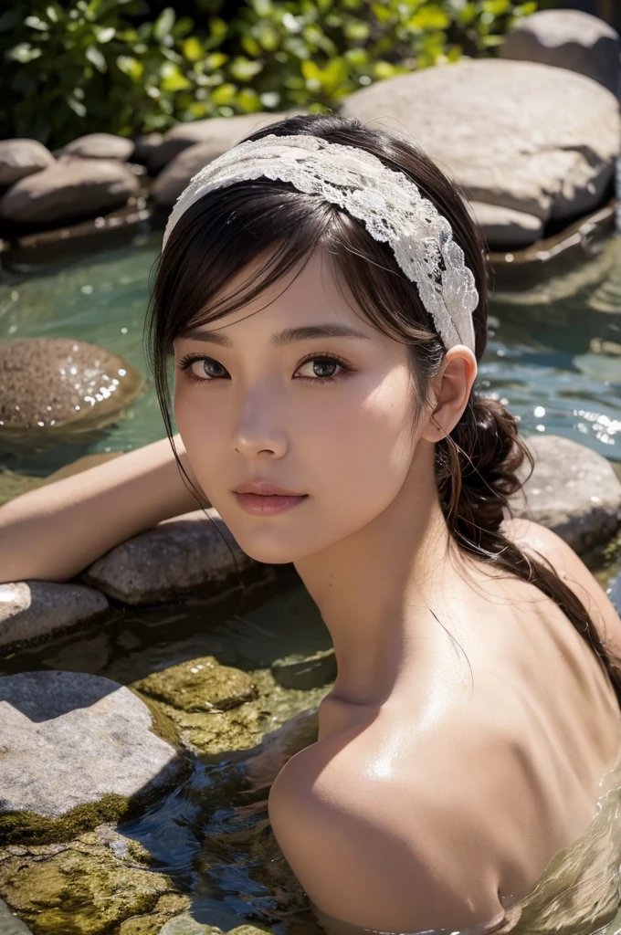 Highest quality, masterpiece, Ultra-high resolution, Supermodels bathing in Japanese hot springs, Outdoor hot spring, Stone hot spring, Moss and tree々Surrounded by, Super beautiful face, Pure Body, I can see my pores, (smile:0.8), Wearing split (lace headband:1.2), (realism:1.5), Original photo, Soaking wet, Sweaty, Bare shoulders, In the Dark, Deep Shadow, Low Key, Cold Light