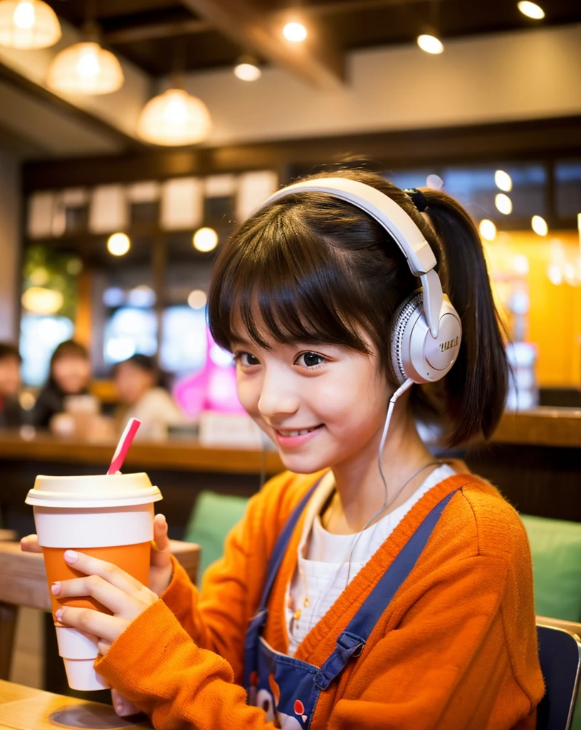  Looking at this, smile, Ultra HD、128ｋ、Masterpiece、Cute little kindergarten girl studying in a coffee shop while listening to music on headphones、orange juice, clavicle, RAW Photo、Cute girl in red clothes、Hands on headphones, Warm lighting、Beautiful night view、Japanese anime style, Smile
