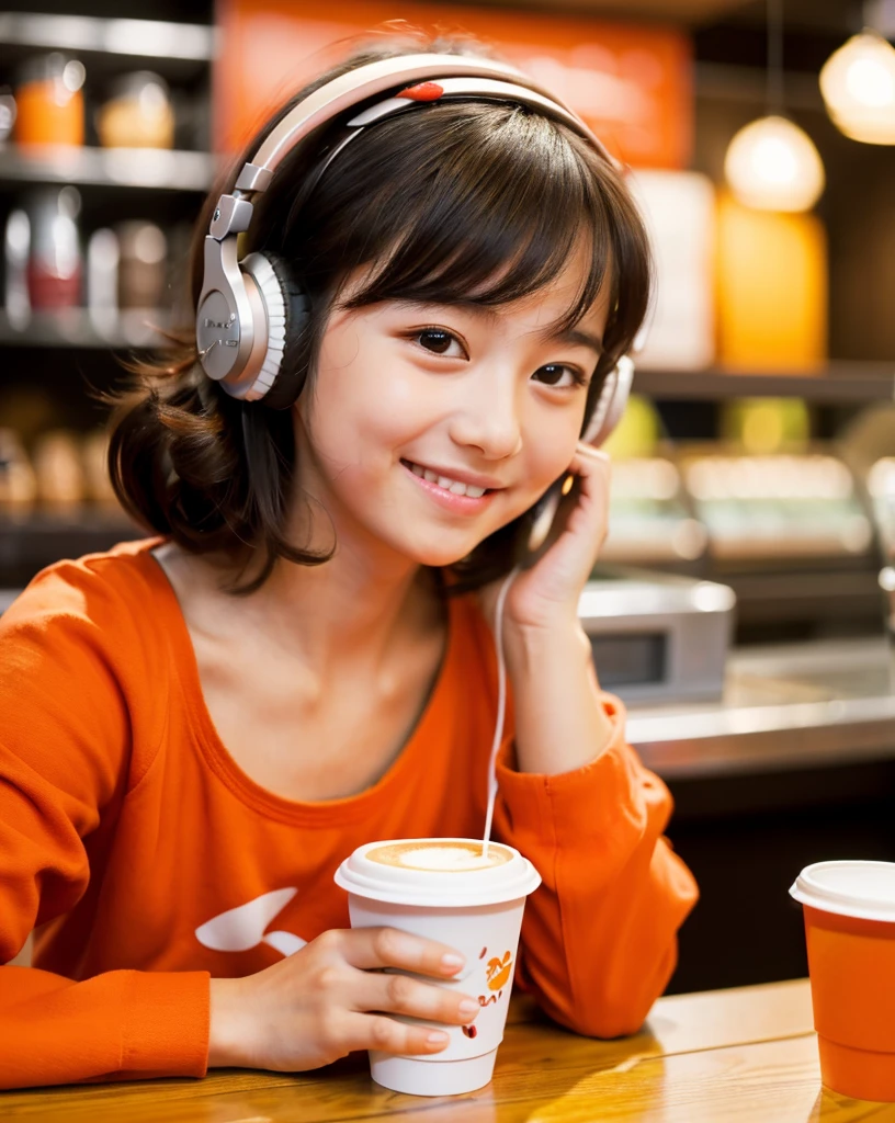 Looking at this, smile, Ultra HD、128k、Masterpiece、Cute little kindergarten girl studying in a coffee shop while listening to music on headphones、orange juice, clavicle, RAW Photo、Cute girl in red clothes、Hands on headphones, Warm lighting、Beautiful night view、Japanese anime style, Smile