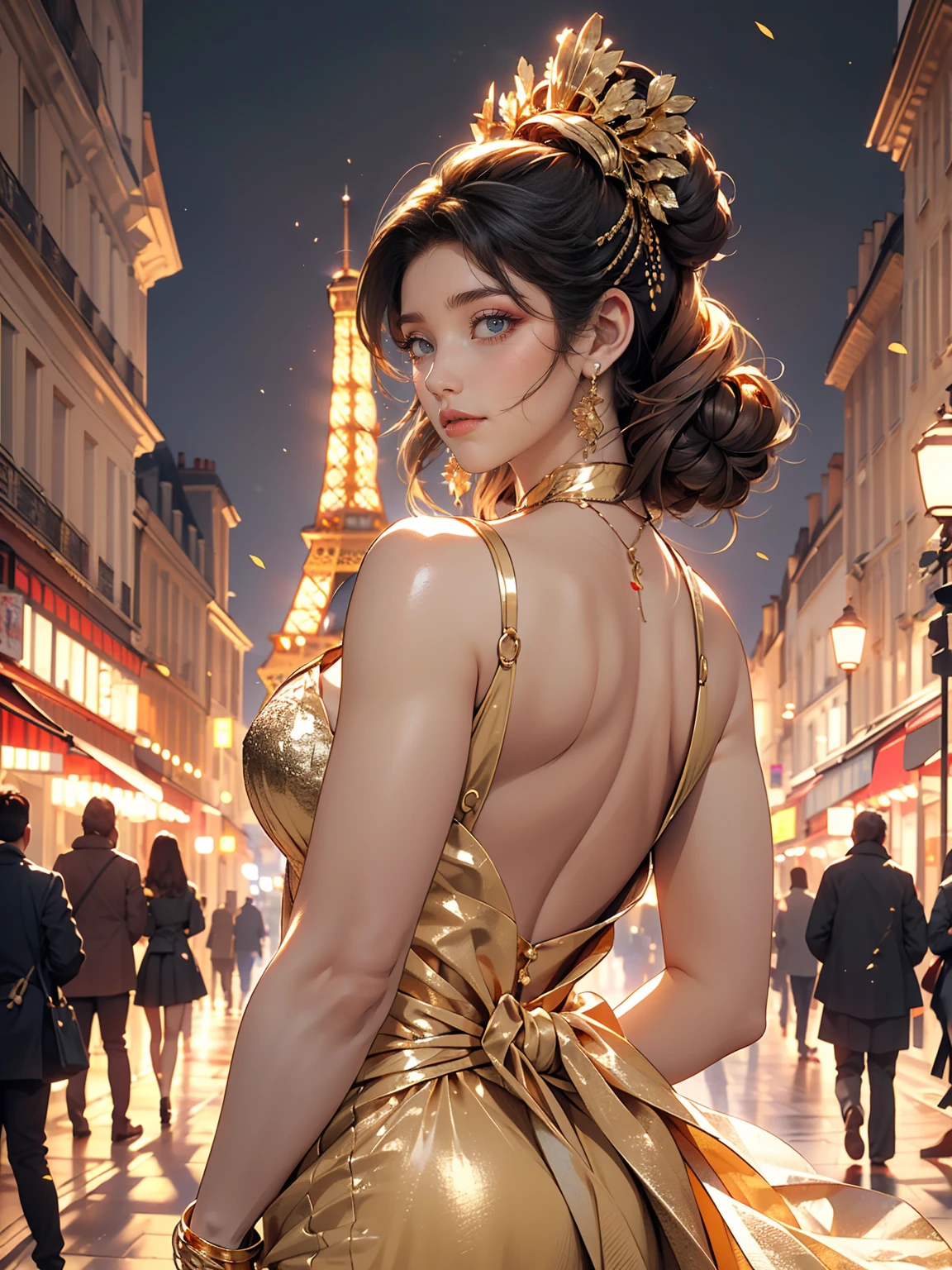 (8K, RAW photos, best quality, masterpiece:1.2), (realistic, photo-realistic:1.3)、((1 woman)), 26-year-old Japanese woman with a beautiful face.、hair is gray、Eye color is dark blue, smile, high definition face, Curly short hair, (((On top of the Eiffel Tower in Paris)), (((Looking back wearing a gold empire waist dress))), glowing skin, photometry, (((slim body))), Vivid colors,