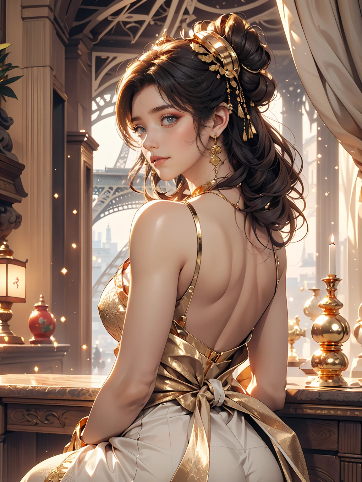(8K, RAW photos, best quality, masterpiece:1.2), (realistic, photo-realistic:1.3)、((1 woman)), 26-year-old Japanese woman with a beautiful face.、hair is gray、Eye color is dark blue, smile, high definition face, Curly short hair, (((On top of the Eiffel Tower in Paris)), (((Looking back wearing a gold empire waist dress))), glowing skin, photometry, (((slim body))), Vivid colors,