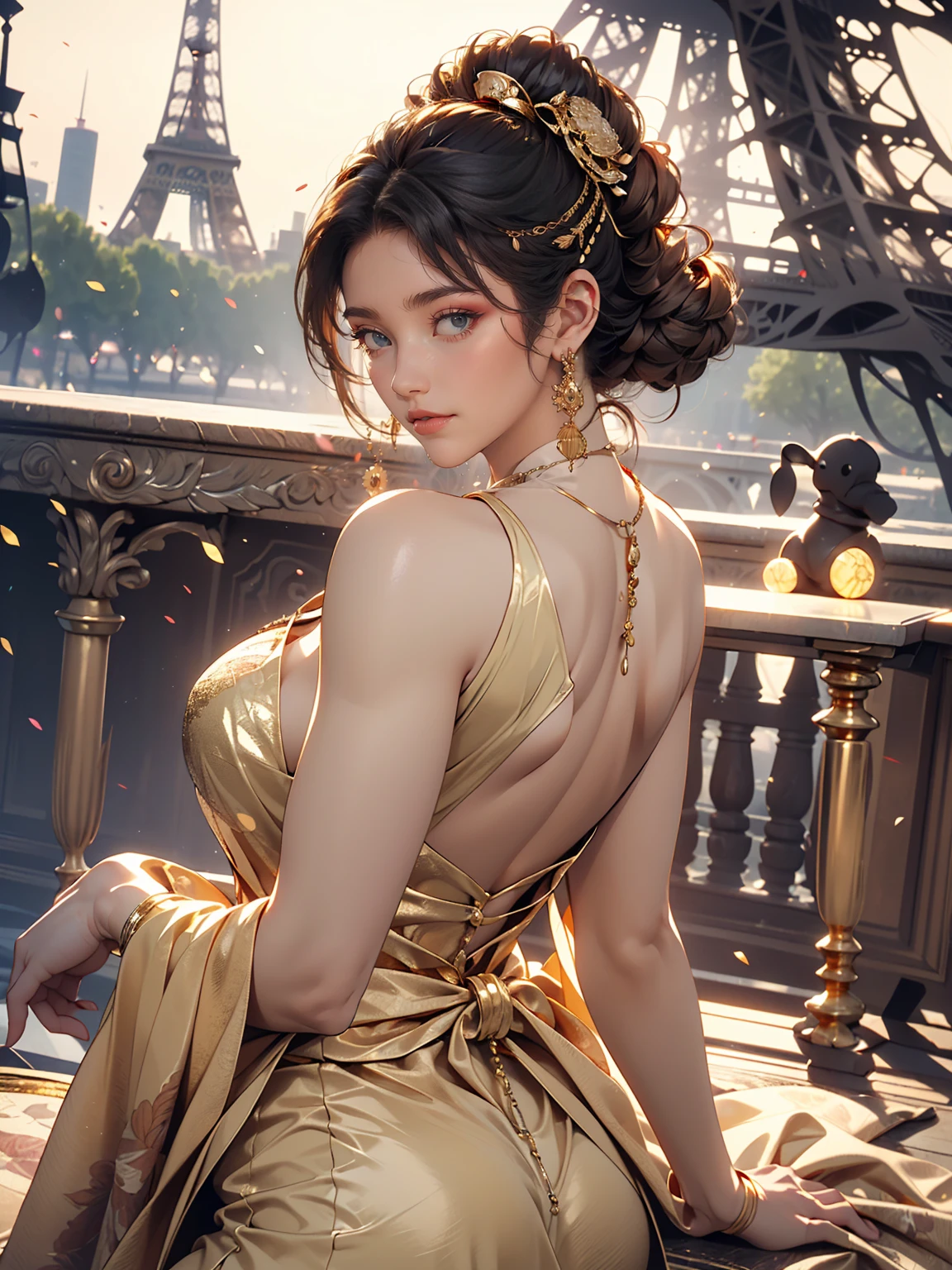 (8K, RAW photos, best quality, masterpiece:1.2), (realistic, photo-realistic:1.3)、((1 woman)), 26-year-old Japanese woman with a beautiful face.、hair is gray、Eye color is dark blue, smile, high definition face, Curly short hair, (((On top of the Eiffel Tower in Paris)), (((Looking back wearing a gold empire waist dress))), glowing skin, photometry, (((slim body))), Vivid colors,