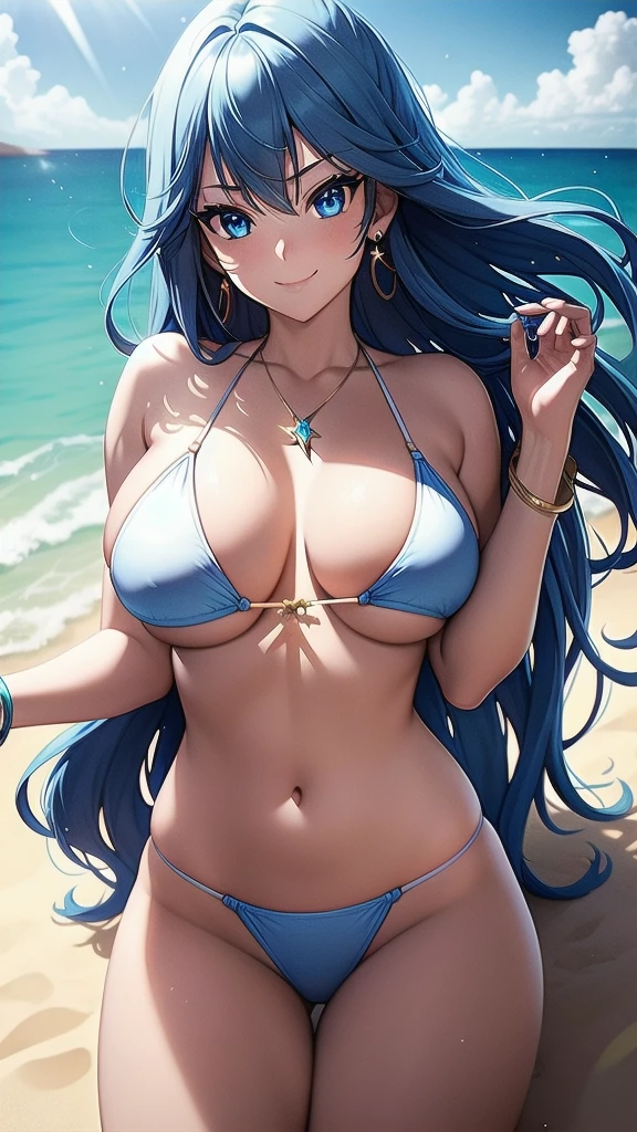 masterpiece, best quality, 1 solo girl, blue hair, blue eyes, medium hair, medium breasts, sexy body and face, wavy hair, smile, white bikini, pendant, bracelet, jewelry, earrings, feather hair ornament, ball, lying at the sand, summer, sexy pose, cowboy shots, detailed body, face, and eyes, sharp focus, vibrant, creative, dynamic, high definition, high resolution, 8k, (Upscale: R-ESRGAN 4x+ Anime6mage enchance:4x), voluptuous body, cinema lightning, dakimakura style, looking at the viewer,