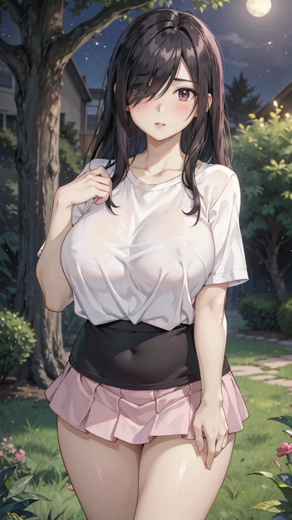 Cute mommy, mature women, realistic skin,perfect ,black hair, long hair, (hair over one eye:1.4), messy hair, hair between eyes, cute shirt,pink mini skirt, chubby,plump,fat,pucker lips,cute shy blush on,garden, under tree,night