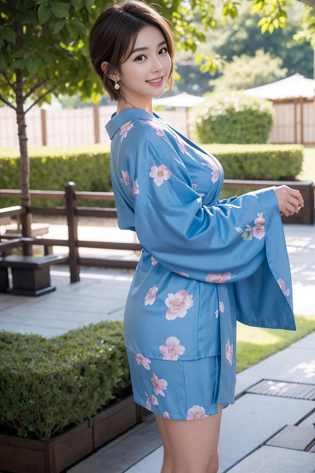 Highest quality,8K, Detailed facial depiction, Detailed description of the eyes,One Woman, Light brown hair(Short Hair),Beautiful Japanese Girl,24-years-old,Cute eyes,Cute Smile,Yukata beauty,Yukata with a dark blue floral pattern,Slender body, Large, plump breast size, Long and beautiful legs,Smiling, Colorful earrings,necklace,Are standing,Beautiful nape,Summer festival