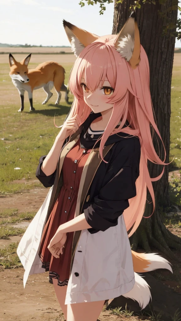 fox Girl, fox&#39;Tail，A girl、 Open chest kimono,Long hair、Gentle、((((Maid Dress Up))))、external、grassland