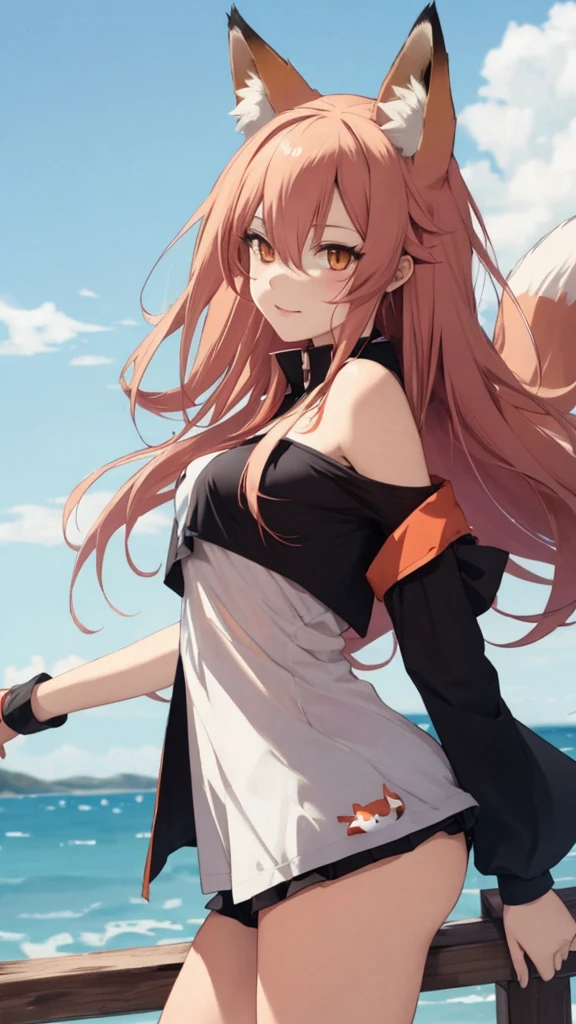 fox Girl, fox'Tail,A girl、 Open chest kimono,Long hair、Gentle、((((Maid Dress Up))))、external、grassland