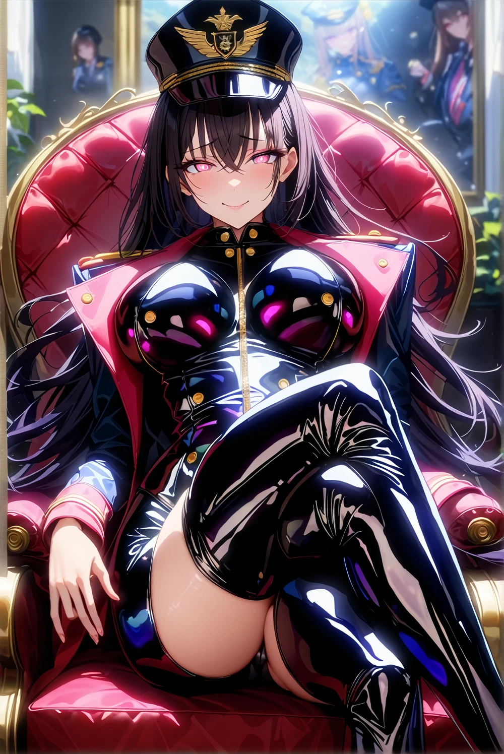 masterpiece, best quality, 1girl,black hair,long hair,glowing eyes, (finely detailed empty pupils and detailed face),,,,extremely detailed picture unity 8k wallpaper,solo,(latex military costume:0.9),large breasts,seductive smile,military hat,latex thighhigh,large breasts,black hair,pink eyes,black leotard,pantyhose,military coat,enamel suits,grossy lips,sitting,crossed legs