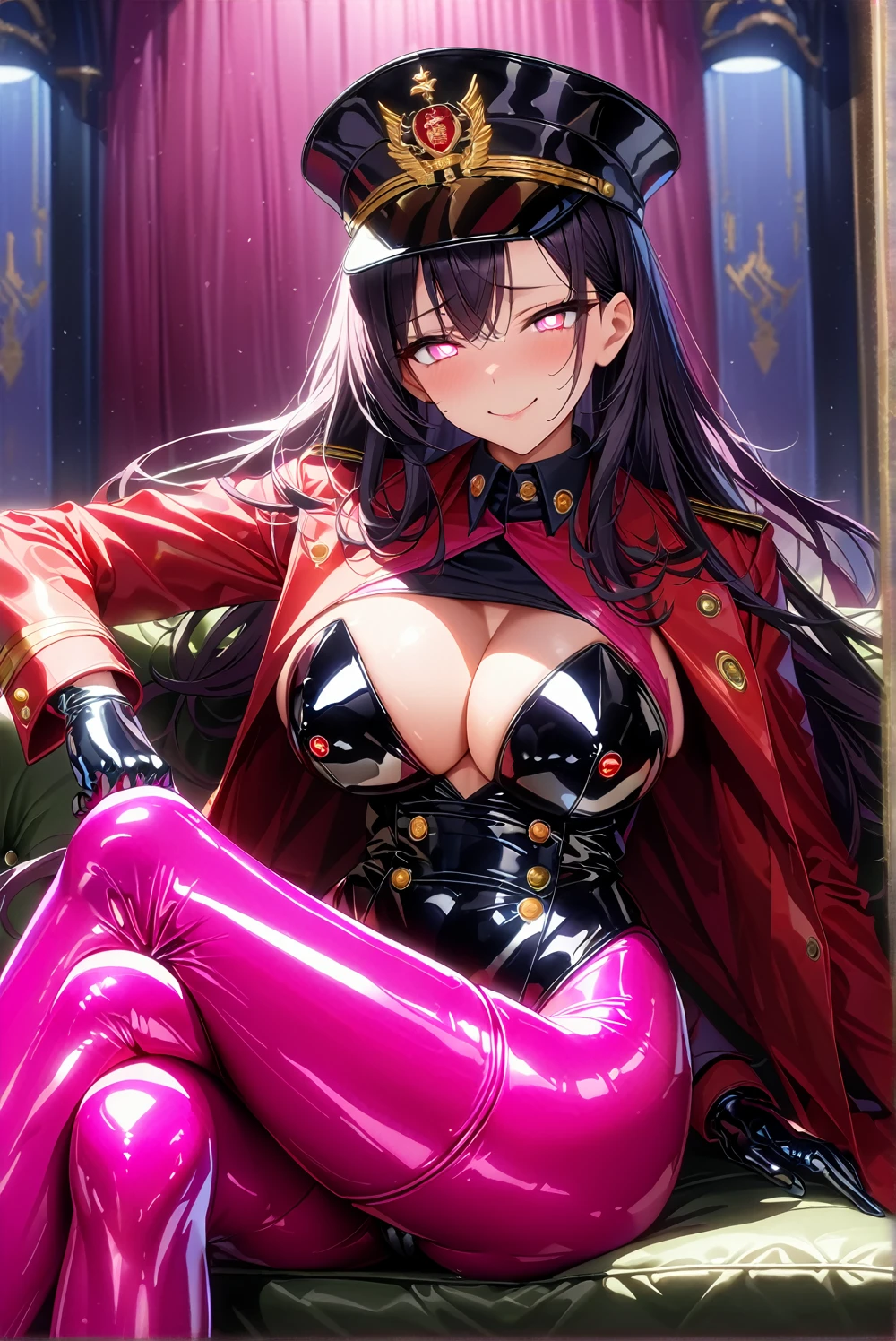 masterpiece, best quality, 1girl,black hair,long hair,glowing eyes, (finely detailed empty pupils and detailed face),,,,extremely detailed picture unity 8k wallpaper,solo,(latex military costume:0.9),large breasts,seductive smile,military hat,latex thighhigh,large breasts,black hair,pink eyes,black leotard,pantyhose,military coat,enamel suits,grossy lips,sitting,crossed legs