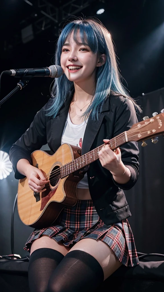 ((best quality)), photorealistic, photorealism, Photorealistic, high resolution, (( girl blazer、 black t shirt、Red checked knee-length skirt、Long skirt、JK Style、Jacket、smile、Knee-high socks、Thigh-high socks、pantyhose))、smile、A superb beauty、Super cute、ennui、Rare beauty、Very Short hair、Sad、white skin、pale skin, Very short hair layered、Cute Smile、Fragrant beauty、Billboard background、Masterpiece、Best Quality、Refers to 5 books、Sweat glistening on my chest、Sweat glistening on my face、Large breasts、Blue hair、Age 20 years old、Mysterious look、A sad expression、Blue Hair、Glamorous concert stage、Enchanting lighting、Sweating profusely all over the body、A lot of sweat and light on the thighs、Shiny thighs、Plenty of sweat glistening on the thighs、A large amount of sweat glistens on my thighs、Sweating profusely、Gal、Large breasts、Beautiful face、Alluring expression、Sitting、Sitting playing guitar、Thick thighs、Playing guitar、I have a guitar、Sing a song enthusiastically、Playing guitar in a band、Rock band、Playing guitar chords、Live House Background、Sing a song、Open your mouth、Live house scenery、Mic stand、Glamorous live stage、Dynamic Angle、Cinematic lighting, Colorfull lighting