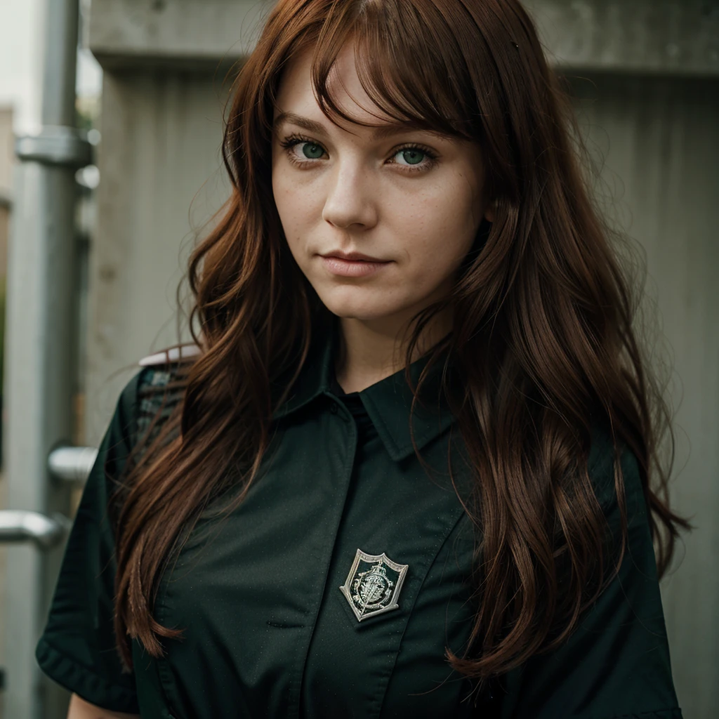 girl, green eyes, long wavy red hair, bangs, bad girl, not smile, thug. black uniform