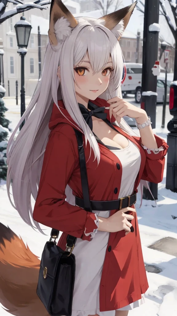 fox Girl, fox&#39;Tail，A girl、 Open chest kimono,Long hair、Gentle、((((Maid Dress Up))))、external、grassland