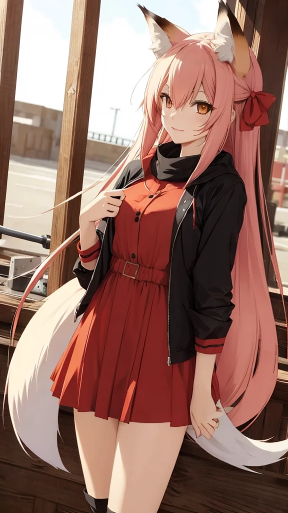 fox Girl, fox'Tail,A girl、 Open chest kimono,Long hair、Gentle、((((Maid Dress Up))))、external、grassland