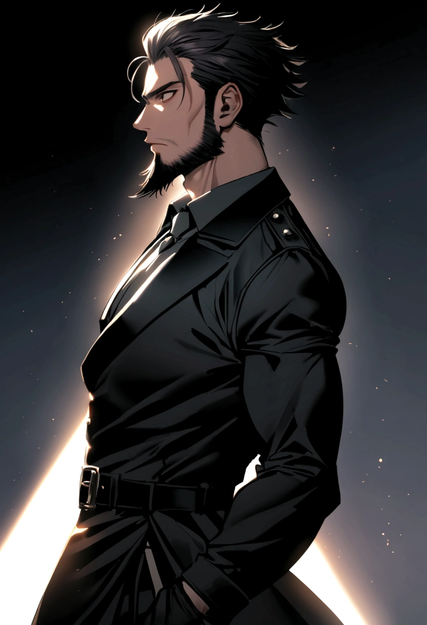 masculine man, high , muscular , with full black suit and open black trench coat , short black hair combed back and black eyes , black belt and black gloves ,Delgado , black beard ,25 years old
