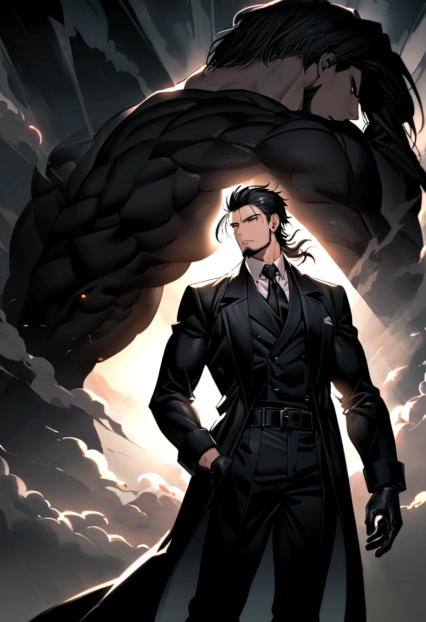 Masterpiece, Highest quality, Heavy snow, Cold Weather, realistic, 1 person, mature man, A quiet and charming young man, 30 years old, smile, gag, Portrait, Highly detailed face, 寒さとsmile, ((blue eyes)), ((black short hair)), [Thick eyebrows], dark palace, ((black long coat)), ((all black)), (blue eyes) ,Short Black Quiff Hair with Soft Fringe, handsome , muscle, Facial expressions, Black Knight Armor , black fur shawl(Masterpiece,best quality,special, (Broad shoulders)) (muscle), male focus, Hand holding a long sword,black two handed sword, His black sword rose high., Face gigantic and terrifying monsters.. Describe the man&#39;s appearance., Details of his sword, Characteristics and characteristics of monsters, and convey the tension and power of the encounter..",wearing black, black fur shawl(Masterpiece,best quality,special, (Broad shoulders)) (muscle)dark color, and the one who holds the spear in his right hand.