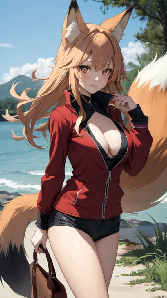 fox Girl, fox'Tail,A girl、 Open chest kimono,Long hair、Gentle、((((Maid Dress Up))))、external、grassland