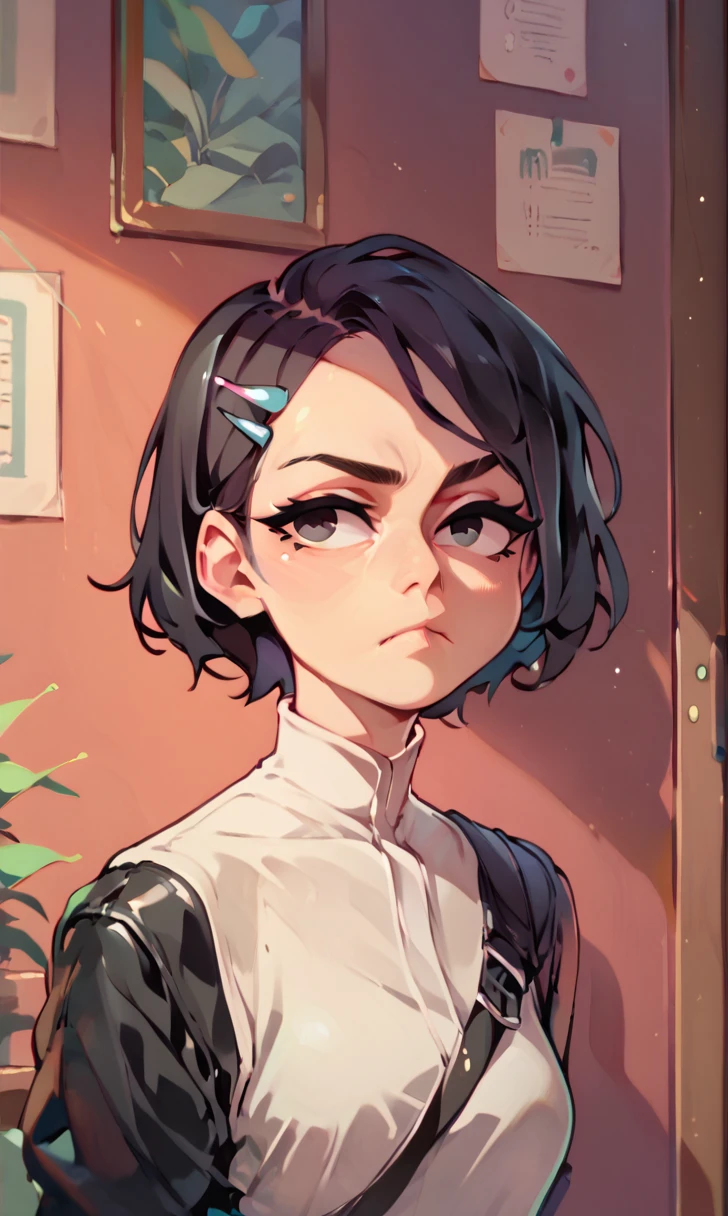 (score_9, score_8_up), score_7_up, score_6_up, score_5_up, score_4_up, Zenko, 1girl, black hair, half-length portrait, hair ornament, hairclip, black eyes, short hair, black leather jacket, white dress, standing, hands behind back, looking away, pout, white socks, black footwear, cheeks, pout, indoors, bedroom, close-up xaxaxa