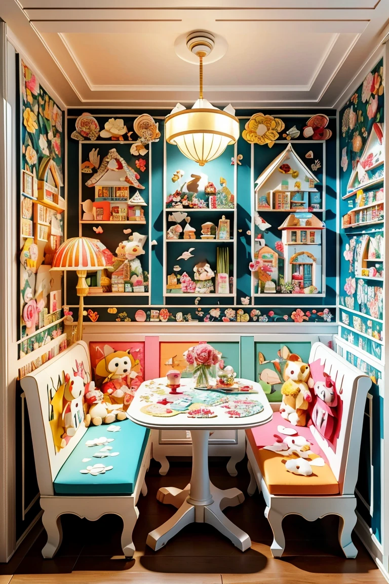 (masterpiece, best quality:1.2), 3d paper cut style,comic book,cute,(living room paper cutting art),俏皮cute的房间装饰,(paper art furniture),(Sofa made of folded and decoupage paper,Chairs and tables),Whimsical Patterns,(The walls are decorated with animals,flowers,风景等纸艺comic book画),Lively and fun atmosphere, 1 beautiful woman,
