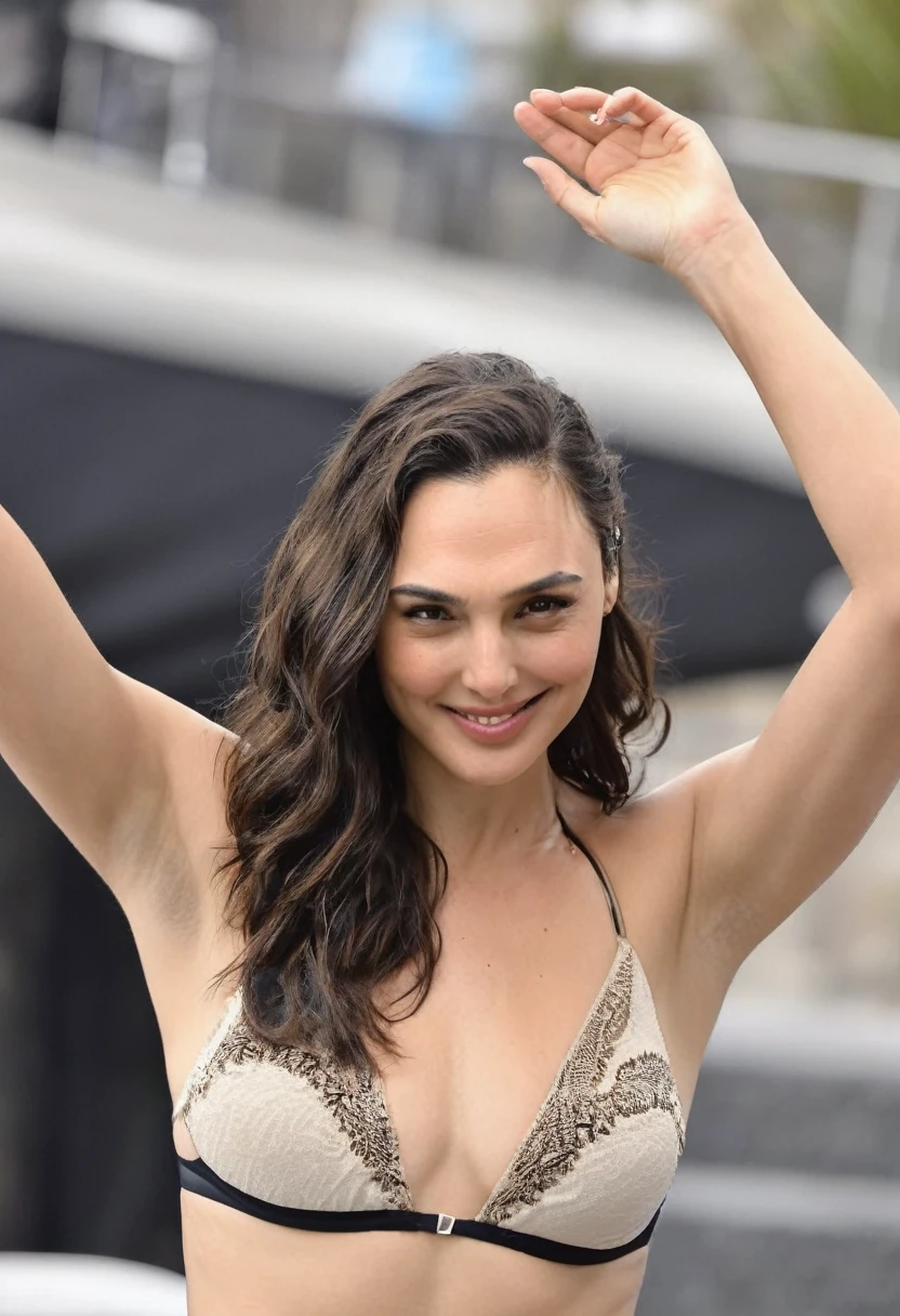 high quality Erotic shot , ( GalGadot , hot bikini model ) celebrity erotic photograph, seductive smile ,tall figure , erotic lighting , hands raied, stylish hot bikini , erotic pose, showing her extremely hot figure , hands raised, smiling , playfull pose, posing very sexy, bikini model , erotic dramtic lights, erotic photoshoot , shiny sweaty skin, seductive expression , on vacation area, wet hair, celebrity, female, woman, hollywood actress, , erotic angle , fleshy muscular woman , (( depth of field, insanely detailed skin texture, hyper detailed features, detailed face ))