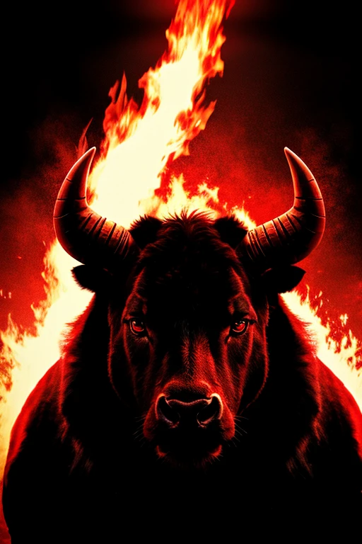 animated bull head, black fur, Red eyes, fire rider, blood, light particles, Light rays, wallpaper, high contrast, showy,