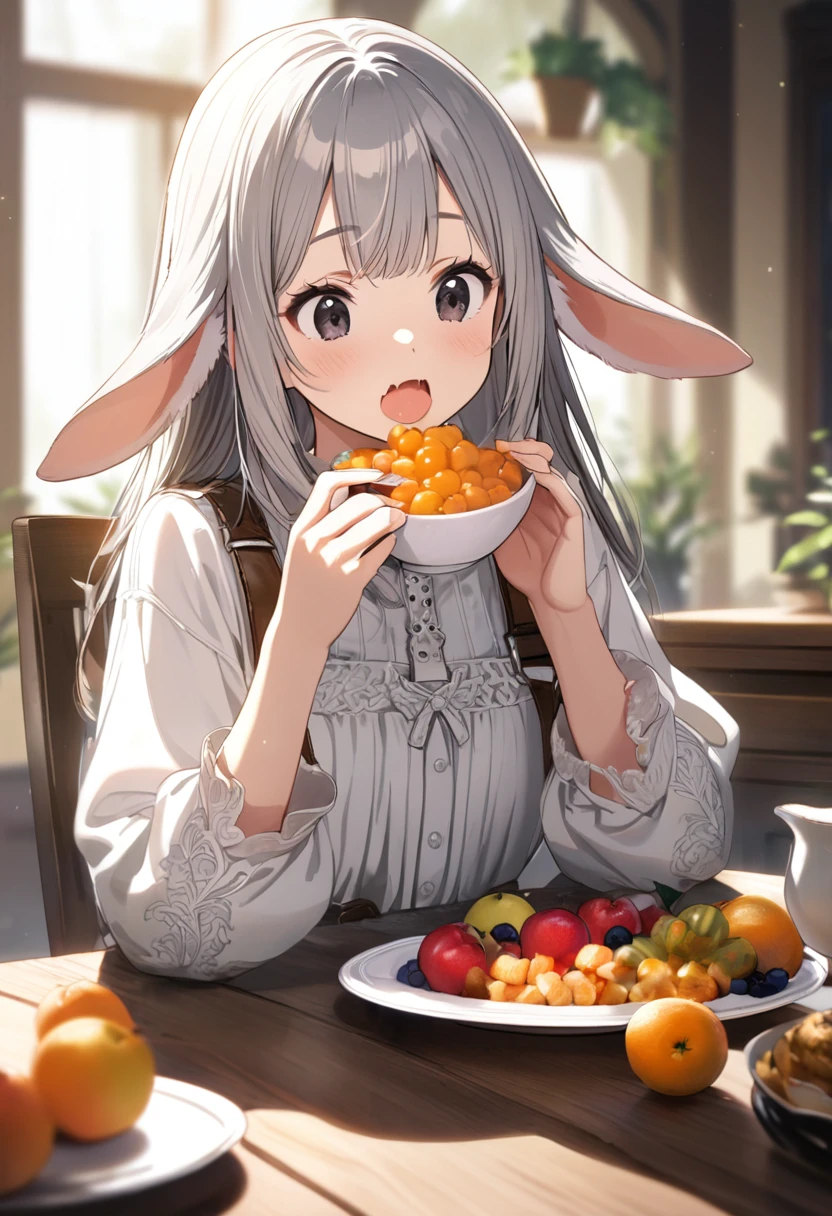 (8k, masterpiece, best quality, ultra-detailed, an extremely delicate and beautiful, official style, depth of field, highly detailed, very aesthetic, intricate, overall detail, perfect anatomy), looking atfoods, looking down, upper body, sit, eating, table, chair, fruit on table, dish, BREAK 1girl, solo, gray hair, long hair, (black eyes, spakling eyes, + +), rabbit girl, droopy ears, (white dress, frill, long sleeves:1.2), faint lips, happy, open mouth, skin fangs, drooling