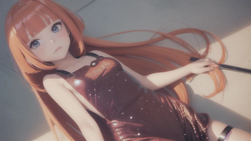 girl wearing a orange sundress, tight, simple anime style
Woman. Flower drawing on sequin overalls. Glossy white lips with sequins. Blunt bangs, red hair, long hair, blue eyes, solo,