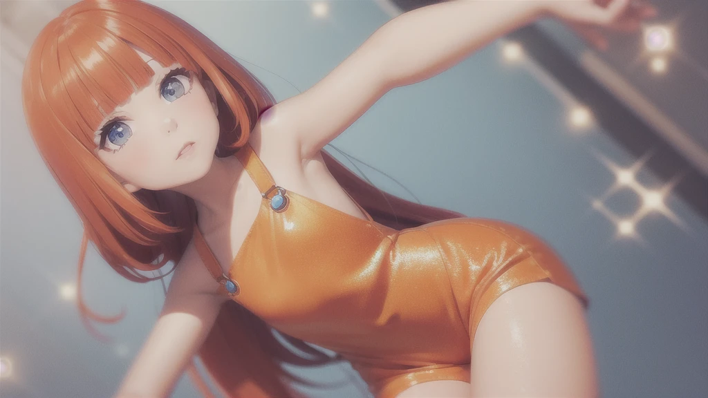 girl wearing a orange sundress, tight, simple anime style
Woman. Flower drawing on sequin overalls. Glossy white lips with sequins. Blunt bangs, red hair, long hair, blue eyes, solo,