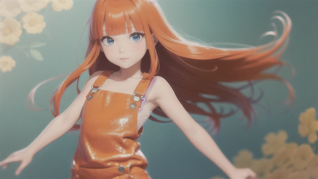 girl wearing a orange sundress, tight, simple anime style
Woman. Flower drawing on sequin overalls. Glossy white lips with sequins. Blunt bangs, red hair, long hair, blue eyes, solo,
