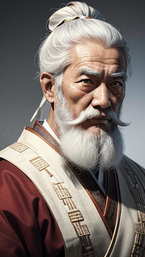 Oriental、Elderly man in plain ancient Chinese costume、Ancient Chinese hairstyle old man、Highest quality、masterpiece、Ultra-high resolution、(Realistic:1.4)、Game Poster、Crisp and beautiful image quality、White Hair、white and long beard,、White cloth wrapped around a bun、