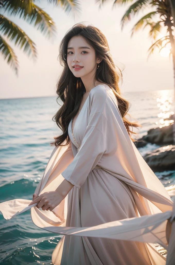 (((best quality))),(((ultra detailed))),(((masterpiece))),illustration,1girl, young, beautiful, long hair, flowing dress, joyful expression, outdoor setting, beach, sunrise, soft lighting, pastel colors, serene atmosphere, music, singing, nostalgic feeling, cicadas, summer air, sweet smile, happy memories, scattered petals, vivid beauty, love story, early summer, carefree days, vibrant colors, ocean sounds, birds chirping, celebration,