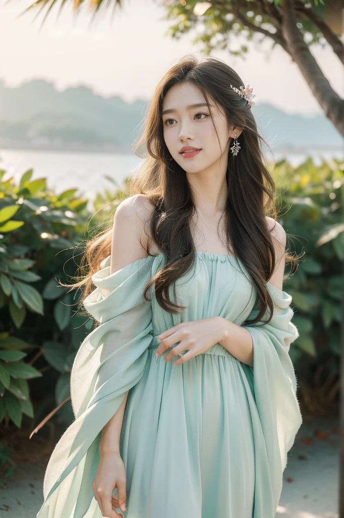 (((best quality))),(((ultra detailed))),(((masterpiece))),illustration,1girl, young, beautiful, long hair, flowing dress, joyful expression, outdoor setting, beach, sunrise, soft lighting, pastel colors, serene atmosphere, music, singing, nostalgic feeling, cicadas, summer air, sweet smile, happy memories, scattered petals, vivid beauty, love story, early summer, carefree days, vibrant colors, ocean sounds, birds chirping, celebration,