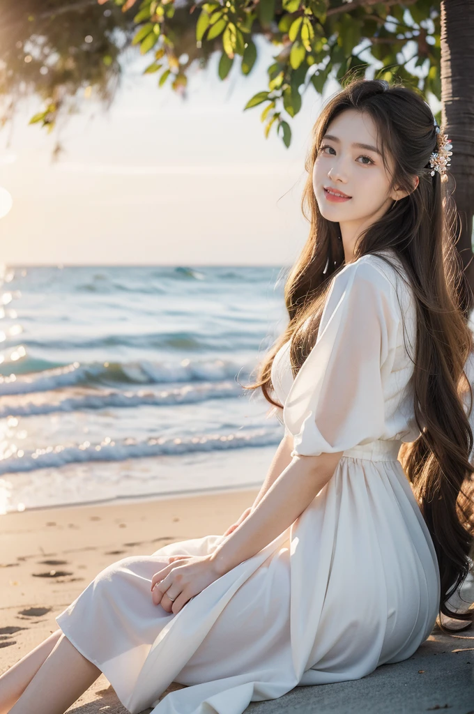 (((best quality))),(((ultra detailed))),(((masterpiece))),illustration,1girl, young, beautiful, long hair, flowing dress, joyful expression, outdoor setting, beach, sunrise, soft lighting, pastel colors, serene atmosphere, music, singing, nostalgic feeling, cicadas, summer air, sweet smile, happy memories, scattered petals, vivid beauty, love story, early summer, carefree days, vibrant colors, ocean sounds, birds chirping, celebration,