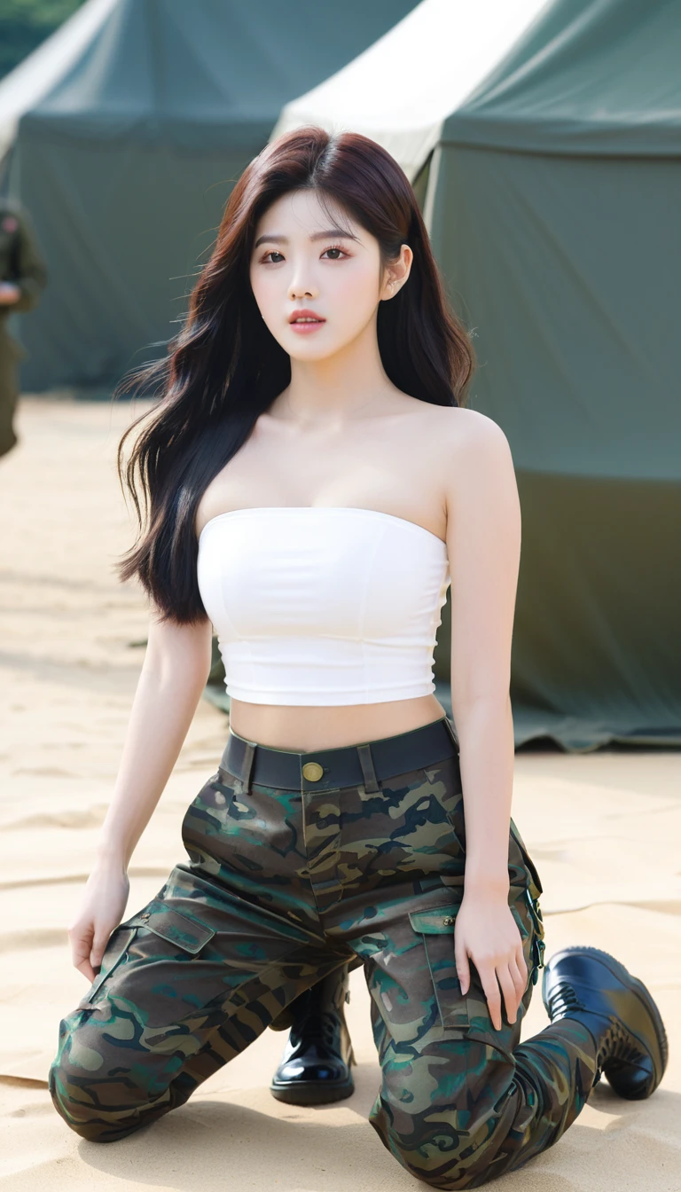 close-up of beautiful South Korean, Kim Sohee is a ex-ALICE South Korean pop girl group, age 24 years old girl, youthful face, perfect body, white body skin, very long hair, black hair, straight hair, 36 inches breasts size, wearing a plain standard black strapless tube top, wearing a tight camouflage mini short leggings, Sohee’s clothes were cut off by male soldiers using scissors from the t-shirt to the tube top to make Sohee sigh and tease, strand by strand Sohee’s clothes fell because they had been cut, the rest of Sohee’s clothes were scattered at the bottom because they had been cut, Sohee’s clothes showed off her breasts because they were cut off by male soldiers so that they looked more sexy and seductive, Sohee's pants were cut by other male soldiers using scissors from leggings to mini short leggings, Sohee's pants became short and looked sexy after being cut by other male soldiers, sexy looking pose, pose a naughty look, pose looks seductive, at the military training camp, military training camp background, UHD