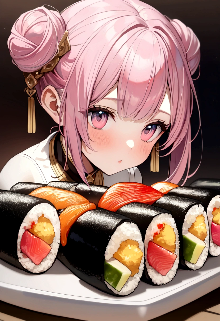 (((Luxurious golden most expensive sushi with rice and sauce))), Fried rice with shrimp, wine, photograph,((masterpiece))、(((Highest quality)))、((Super detailed))、 {Detailed and beautiful eyes}, finely,  Detailed and beautiful eyes,1 Girl, (alone:1.5),  (Hair Ribbon:0.4), Pink Eyes,Cinematic Angles,perspective,(((White bun hair))),(((Long pink hair))),