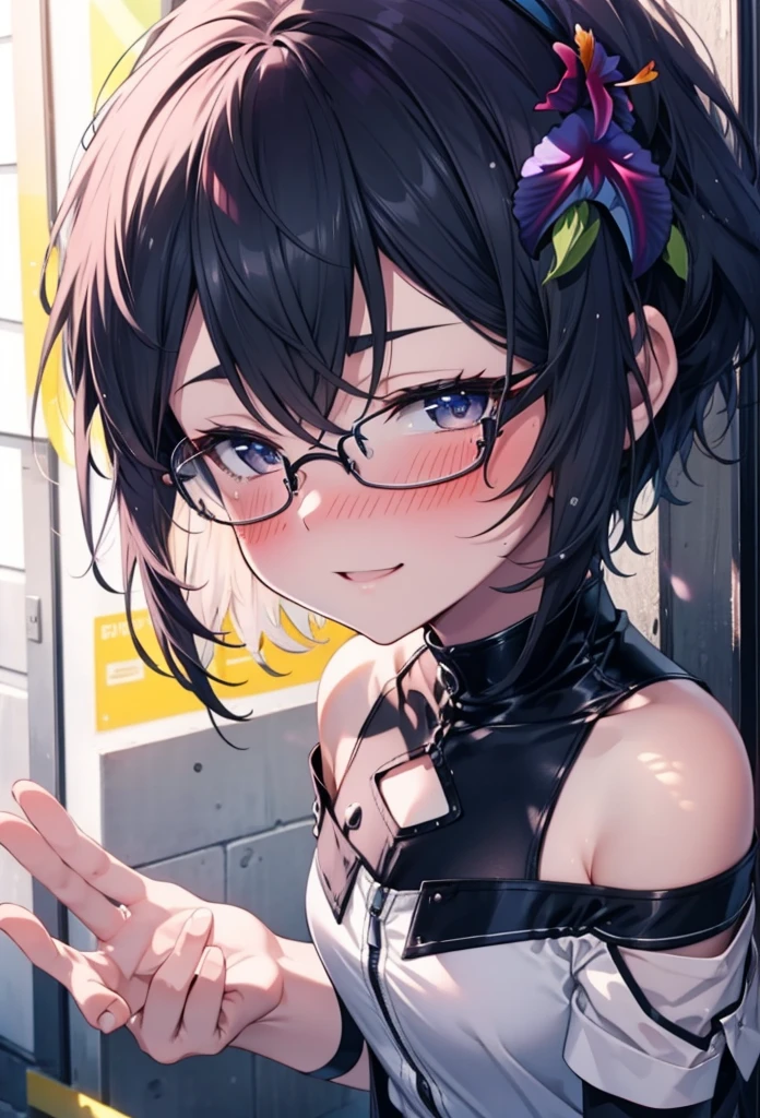 chino asada, Shino Asada, (Iris:1.5), Black Hair, Hair between the eyes, hair ribbon, short hair, Side Lock, Glasses, (Small breasts:1.2),happy smile, smile, Open your mouth,blush,Cold shoulder tops,Short sleeve,Long skirt,Black pantyhose,Stiletto heels,Walking,whole bodyがイラストに入るように,Daytime,Clear skies,
break looking at viewer,whole body,
break outdoors, Building district,
break (masterpiece:1.2), Highest quality, High resolution, unity 8k wallpaper, (figure:0.8), (Beautiful attention to detail:1.6), Highly detailed face, Perfect lighting, Highly detailed CG, (Perfect hands, Perfect Anatomy),