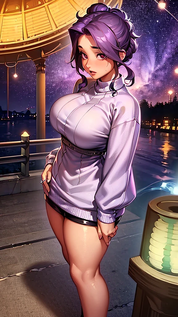 ((best qualityer)),cane girl on a dark bridge full of fireflies with hair tied up two ponytails girl purple hair cute appearance punk clothes purple hair girl wide hips thick thighs curvy voluptuous big breasts muscular body purple hair red eyes embarrassed look curly hair(detailded), 1 girl, sweater look embarrassed curly hair purple hair bridge fireflies night girl on a bridge full of fireflies 