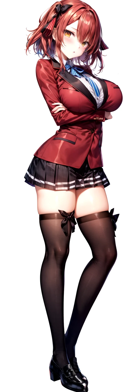 masterpiece, Highest quality, High resolution, , long red hair, Red Bow, Striped blue ribbon, blazer, Red ugly jacket, Long sleeve, Big Breasts,Confused eyes,Brown Skirt, Black knee socks, Arms crossed, indoor, classroom