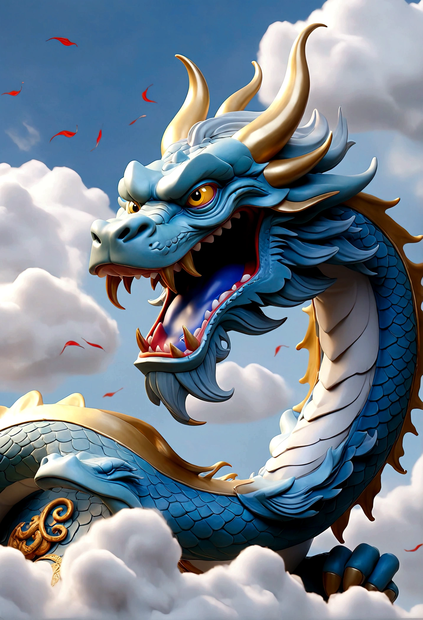 flag、masterpiece、(White background:1)、Blue Chinese dragon surrounded by white clouds、god々々Halo、Wind、god々、Long undulating body、overbite、Upper body、Fantastic、god話、high quality、Very detailed、masterpiece、amazing、Particle Effects、Dynamic Effects