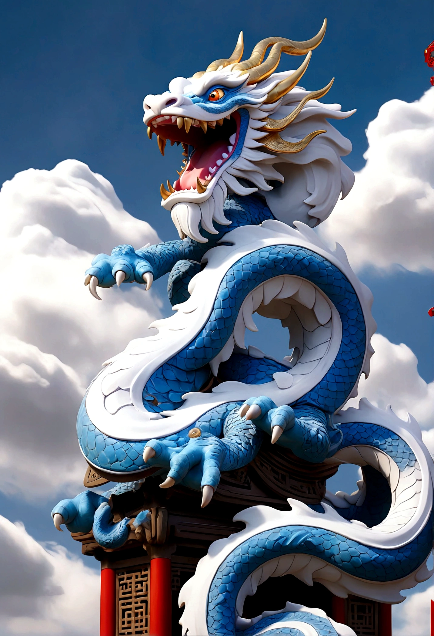 flag、masterpiece、(White background:1)、Blue Chinese dragon surrounded by white clouds、god々々Halo、Wind、god々、Long undulating body、overbite、Upper body、Fantastic、god話、high quality、Very detailed、masterpiece、amazing、Particle Effects、Dynamic Effects