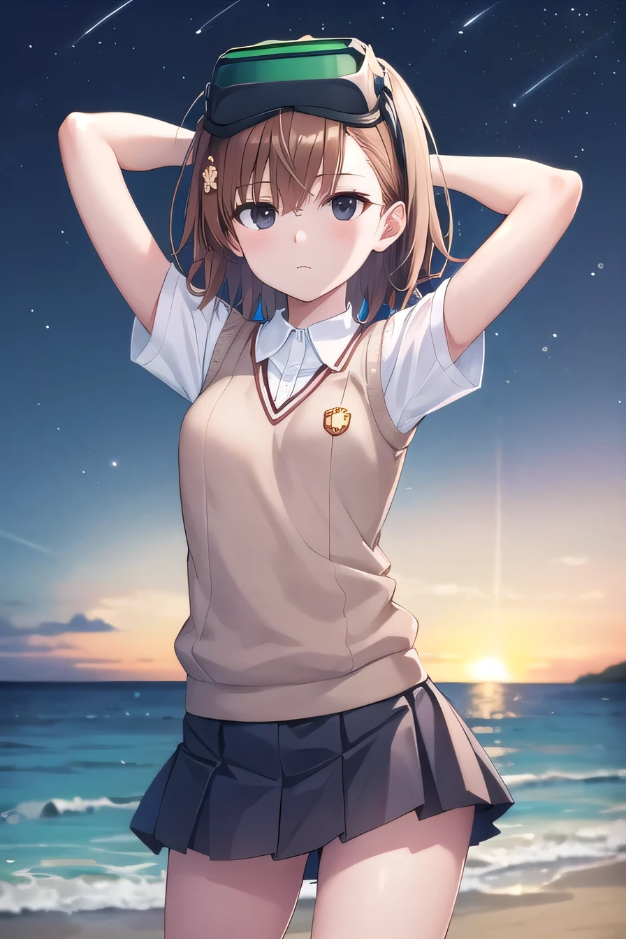 misaka imouto, short hair, brown hair, black eyes, empty eyes, goggles, goggles on head, head-mounted display, , sweater vest, shirt, skirt, white shirt, pleated skirt, v-neck, short sleeves, tokiwadai, solo, night sky, beach, arms behind head, contrapposto, spread armpits, closed mouth, (cowboy shot:1.5), looking at viewer, sexy,