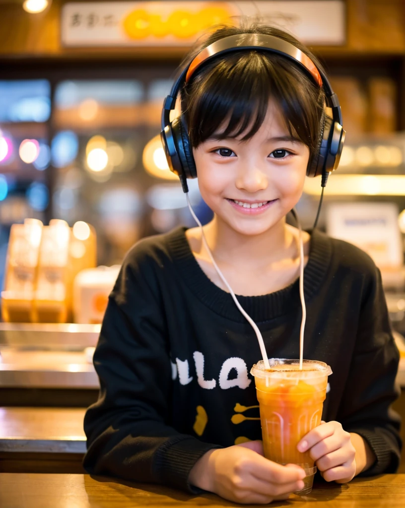 Looking at this, smile, Ultra HD、128k、Masterpiece、Cute little kindergarten girl studying in a coffee shop while listening to music on headphones、orange juice, clavicle, RAW Photo、Cute girl in black clothes、Hands on headphones, Warm lighting、Beautiful night view、Japanese anime style, Smile
