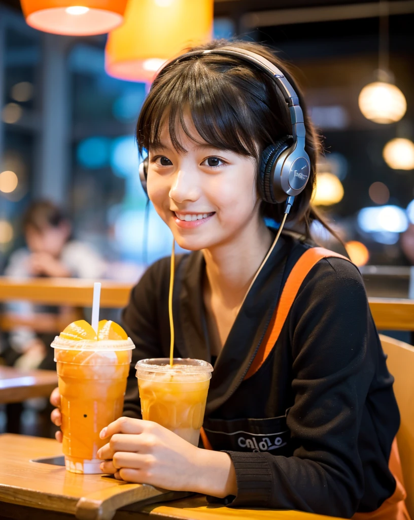 Looking at this, smile, Ultra HD、128k、Masterpiece、Cute little kindergarten girl studying in a coffee shop while listening to music on headphones、orange juice, clavicle, RAW Photo、Cute girl in black clothes、Hands on headphones, Warm lighting、Beautiful night view、Japanese anime style, Smile