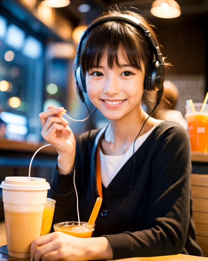 Looking at this, smile, Ultra HD、128k、Masterpiece、Cute little kindergarten girl studying in a coffee shop while listening to music on headphones、orange juice, clavicle, RAW Photo、Cute girl in black clothes、Hands on headphones, Warm lighting、Beautiful night view、Japanese anime style, Smile