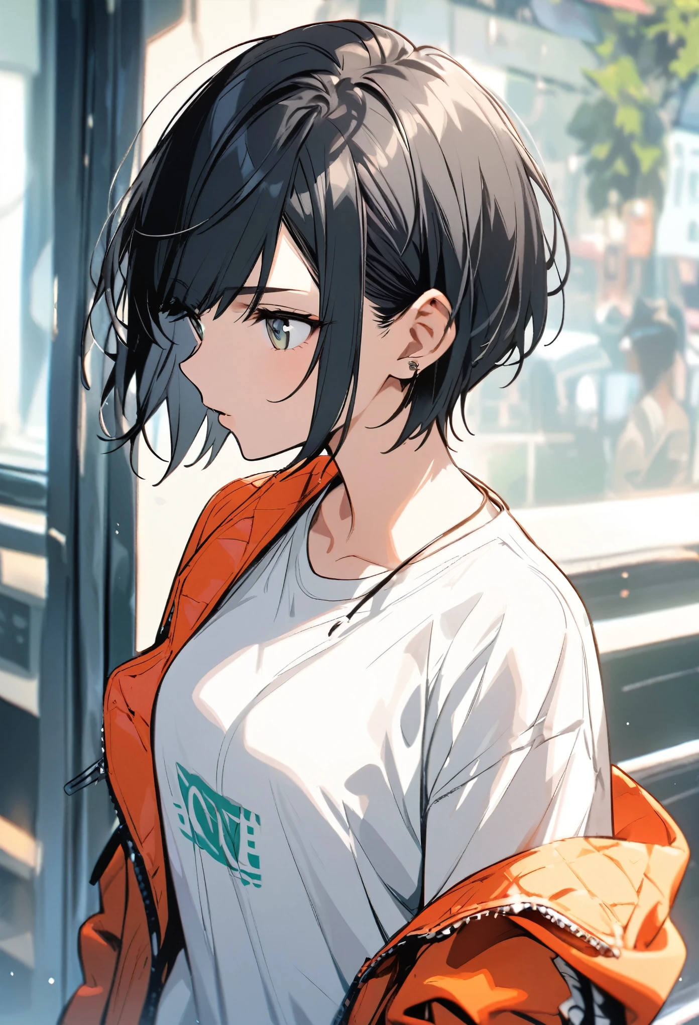 black hair, white shirt, jacket, 1girl, short hair, boyish, stylish, bright