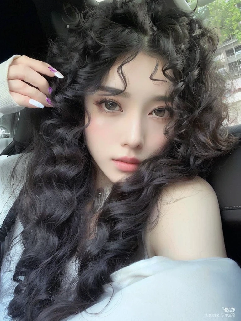there is a woman with long hair sitting in a car, with long curly hair, white curly hair, fan bingbing, ulzzang, with long hair, dilraba dilmurat, pale skin curly blond hair, black long curly hair, long messy curly hair, curly middle part haircut, long curly black hair, curly bangs, long wild black curly hair