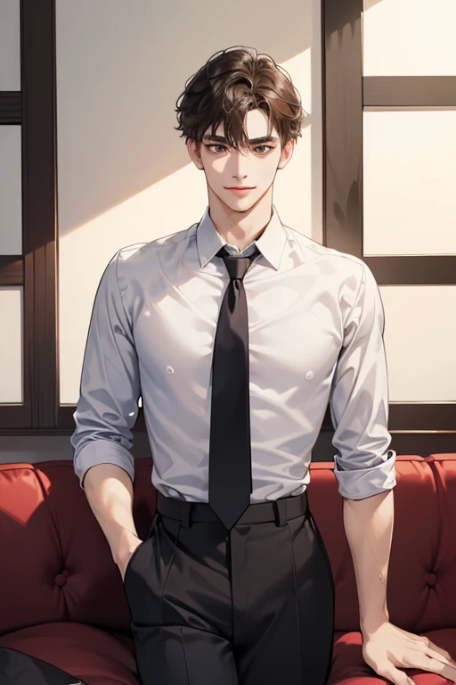 (table top, digital art, digital illustration, 4K, 8K, super detailed, beautiful images, clear image, realistic, RAW photo, perfect face, perfect lines, perfect eyes, soft lighting) Humanの男性1名, (bionde,brown eyes,hair between eyes,hair is dirty,short hair,Expressionless,Goofy face,Parallel eyebrows,narrow eyes,smile gently,Human,28 years old:1.3),handsome man, (Human,business shirt,tie,Thin macho,Firm shoulder width,adult male:1.2),small plants,sleepy face,Frantically opening your eyes,Loosen the tie,5 minutes before work,Living alone in a 1LDK,Hairstyle check,in the room,Vintage Sofa,Double sofa,Simple Western-style room,white wall,Relax your pants,erection,swollen crotch,hard penis