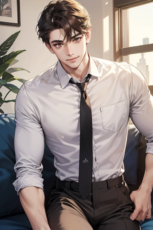 (table top, digital art, digital illustration, 4K, 8K, super detailed, beautiful images, clear image, realistic, RAW photo, perfect face, perfect lines, perfect eyes, soft lighting) Humanの男性1名, (bionde,brown eyes,hair between eyes,hair is dirty,short hair,Expressionless,Goofy face,Parallel eyebrows,narrow eyes,smile gently,Human,28 years old:1.3),handsome man, (Human,business shirt,tie,Thin macho,Firm shoulder width,adult male:1.2),small plants,sleepy face,Frantically opening your eyes,Loosen the tie,5 minutes before work,Living alone in a 1LDK,Hairstyle check,in the room,Vintage Sofa,Double sofa,Simple Western-style room,white wall,Relax your pants,erection,swollen ??????,hard penis