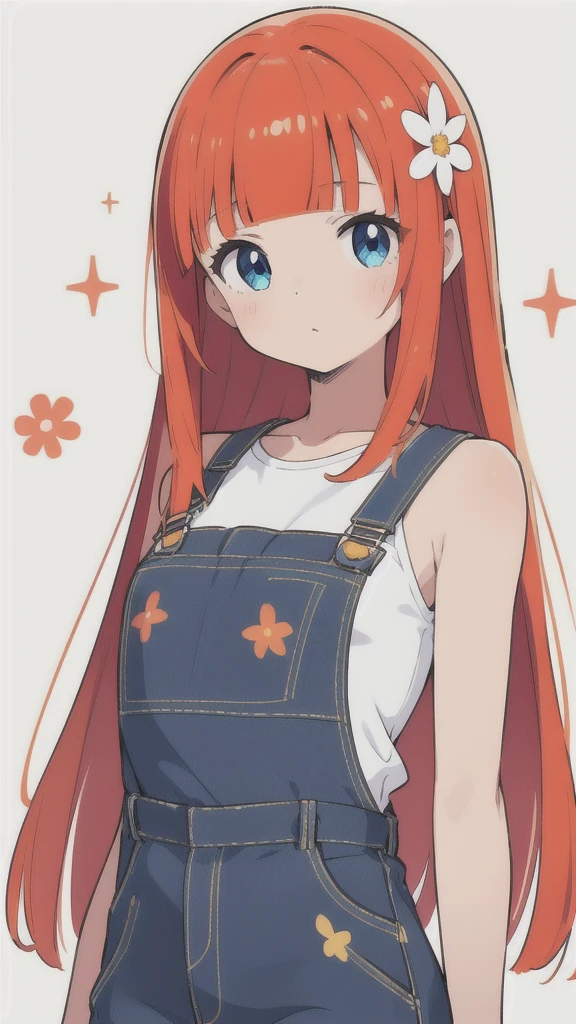 girl wearing a orange sundress, tight, simple anime style
Woman. Flower drawing on sequin overalls. Glossy white lips with sequins. Blunt bangs, red hair, long hair, blue eyes, solo,